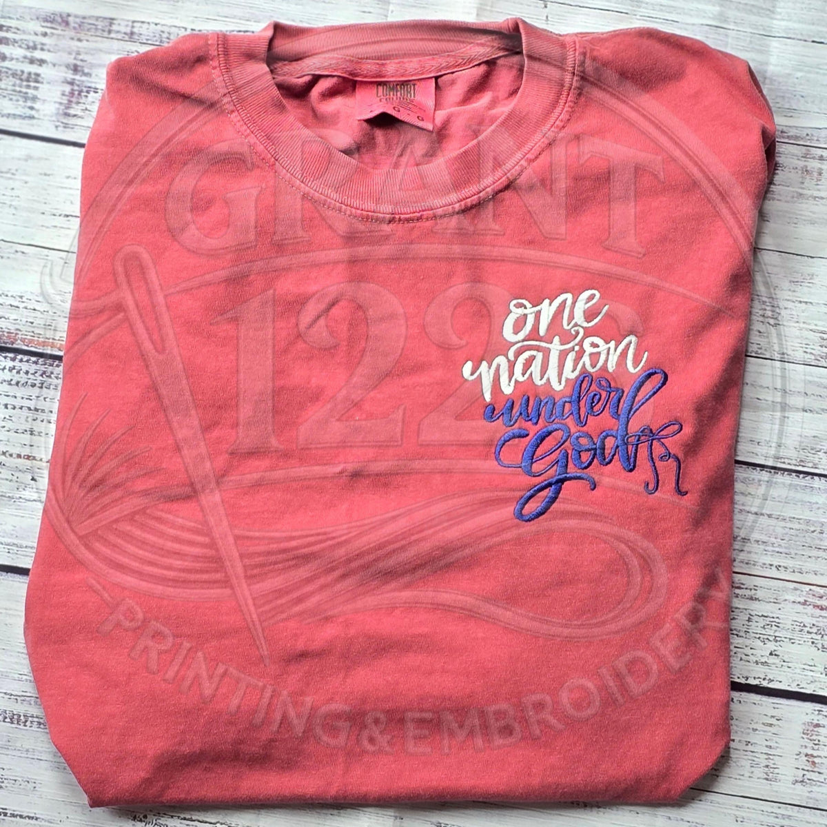 Brick Comfort Colors patriotic Christian embroidered T-shirt
