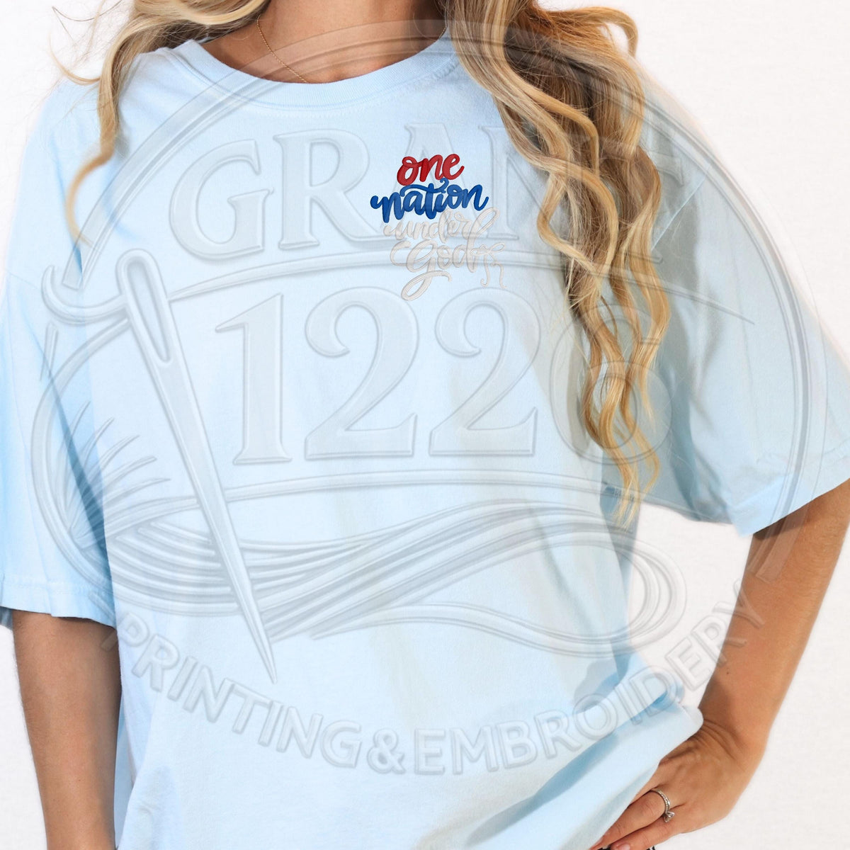 Chambray Comfort Colors shirt with patriotic Christian embroidery