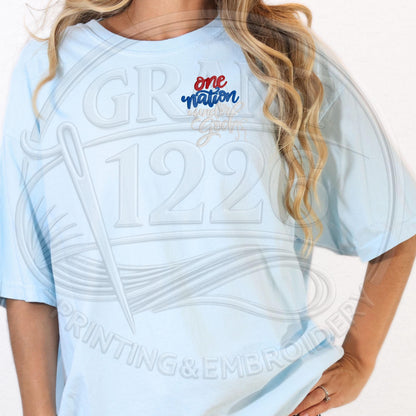 Chambray Comfort Colors shirt with patriotic Christian embroidery