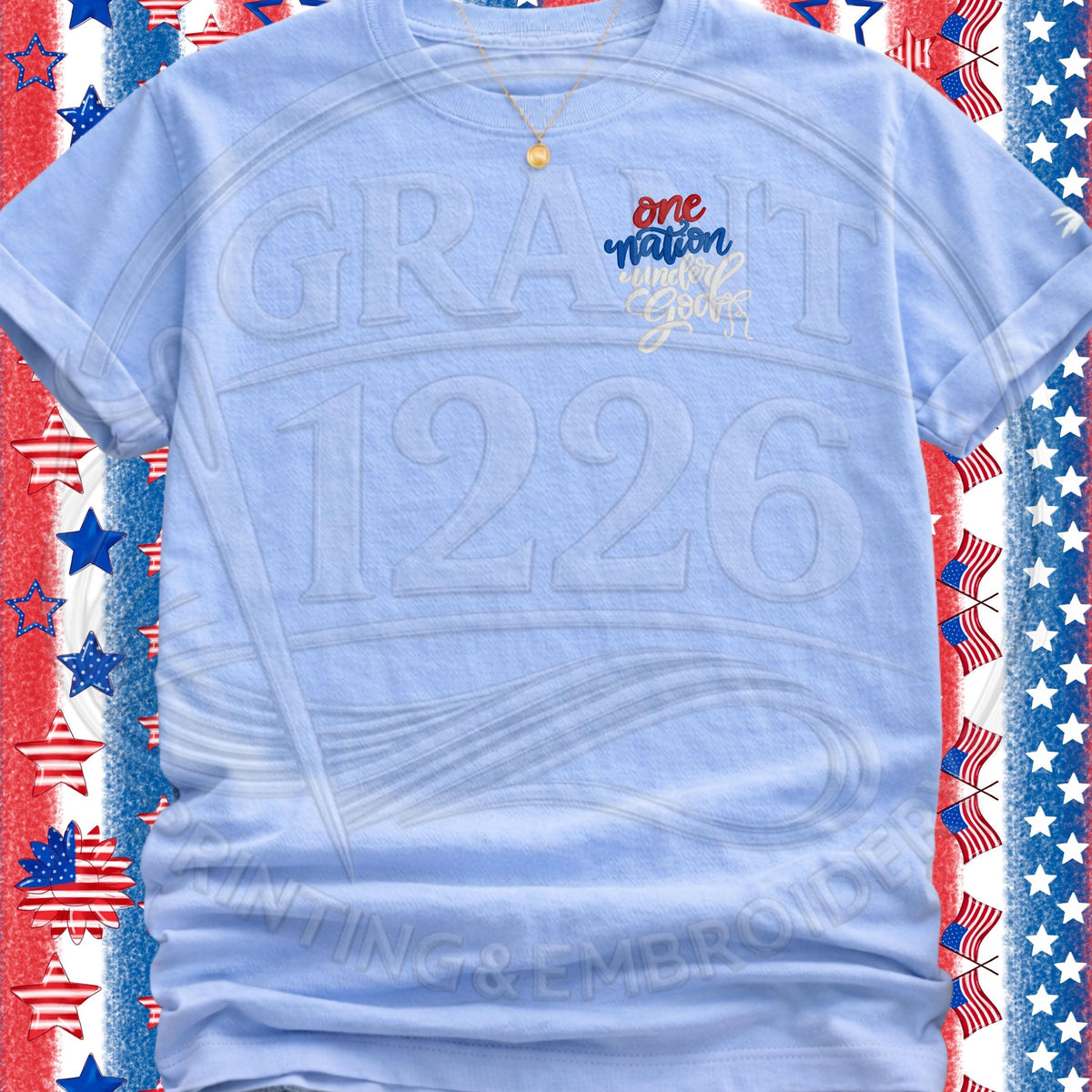 Chambray T-shirt with One Nation Under God Christian embroidery