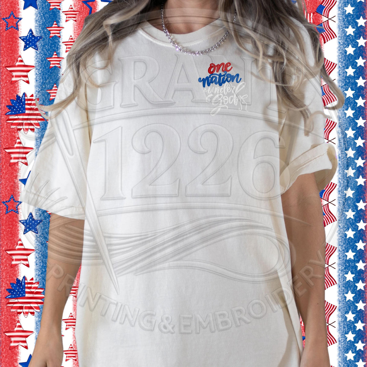 Ivory Comfort Colors shirt with One Nation Under God embroidery