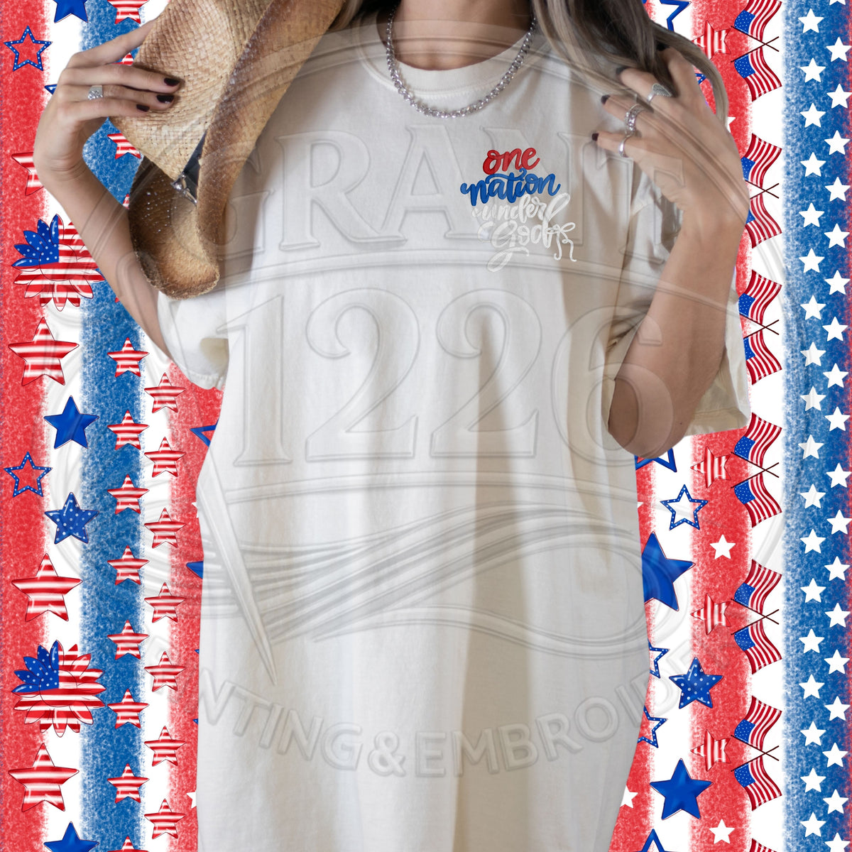 White One Nation Under God embroidered shirt styled with patriotic stars and stripes