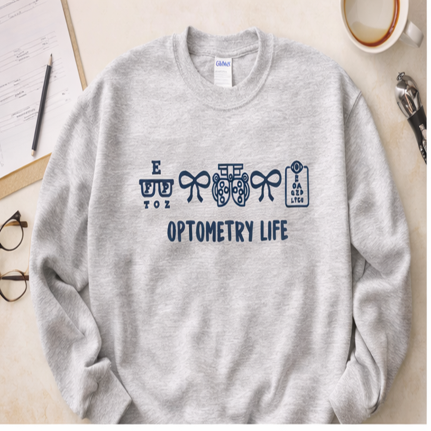 Embroidered optometrist sweatshirt with Optometry Life design in ash gray