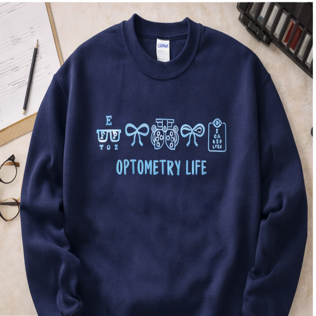 Navy Gildan sweatshirt with blue Optometry Life embroidered design