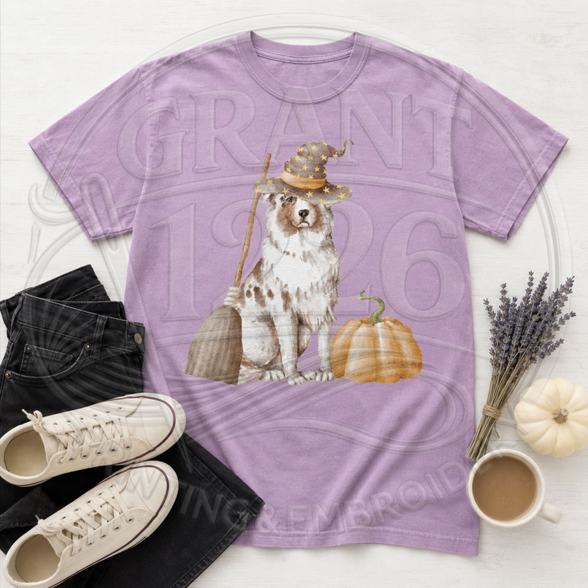 Orchid Australian Shepherd witch Halloween shirt flat lay