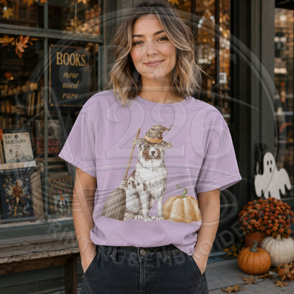 Orchid Australian Shepherd witch Halloween graphic shirt on model