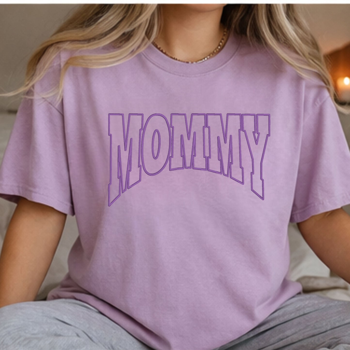 Neutral ivory mommy Comfort Colors tee with varsity puff embroidery design