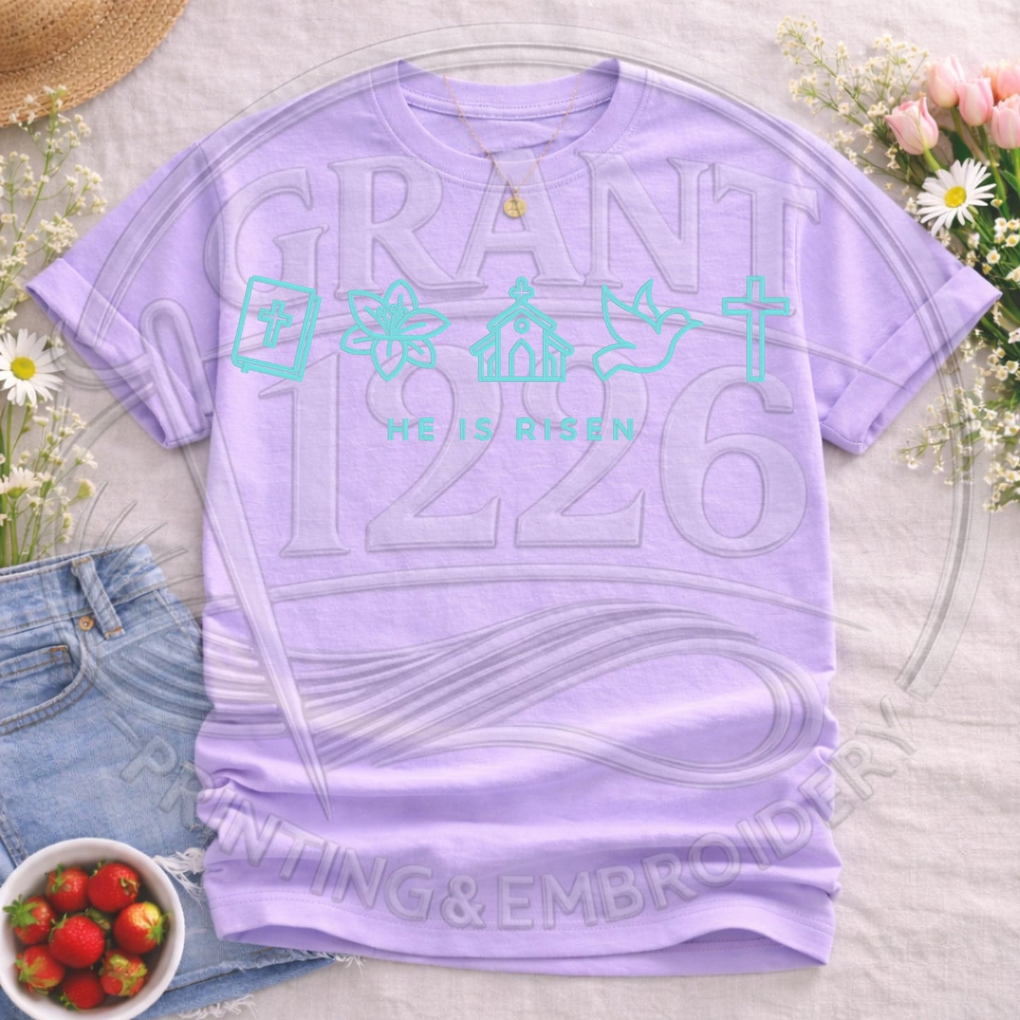 Pastel orchid Comfort Colors Christian Easter shirt featuring He Is Risen faith icons with Bible, church, dove and cross graphic