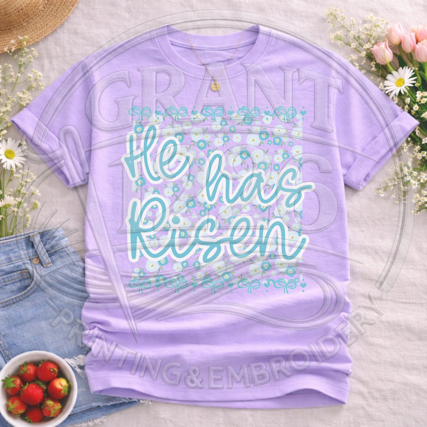 Orchid pastel “He Has Risen” floral Easter t-shirt