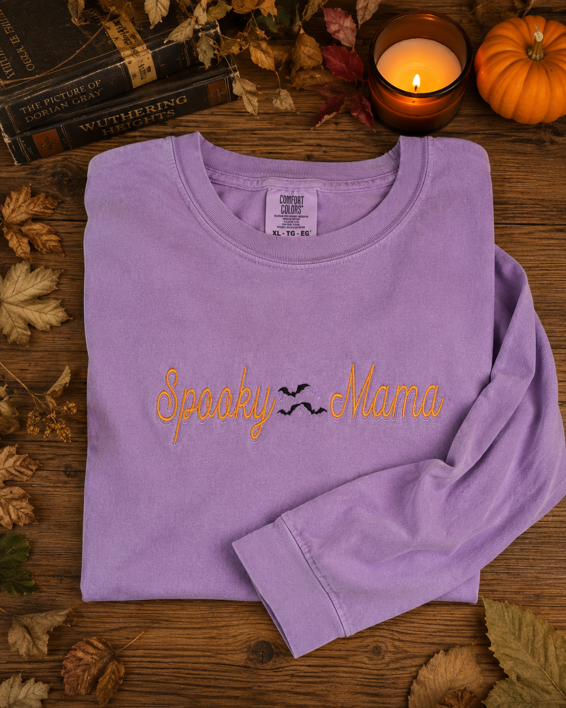 Orchid Comfort Colors long sleeve Spooky Mama embroidered Halloween shirt flat lay