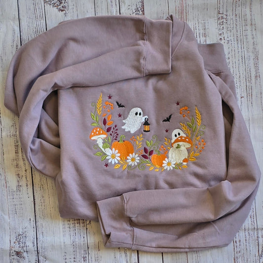 Paragon floral ghost pumpkin and mushroom embroidered Halloween sweatshirt real product photo