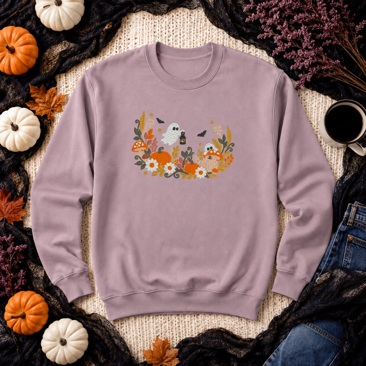 Paragon floral ghost pumpkin and mushroom embroidered Halloween sweatshirt flat lay
