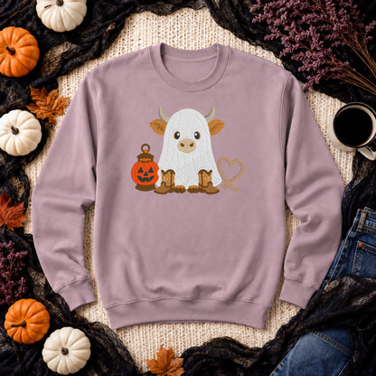 Paragon Gildan Softstyle embroidered ghost Highland cow Halloween sweatshirt flat lay
