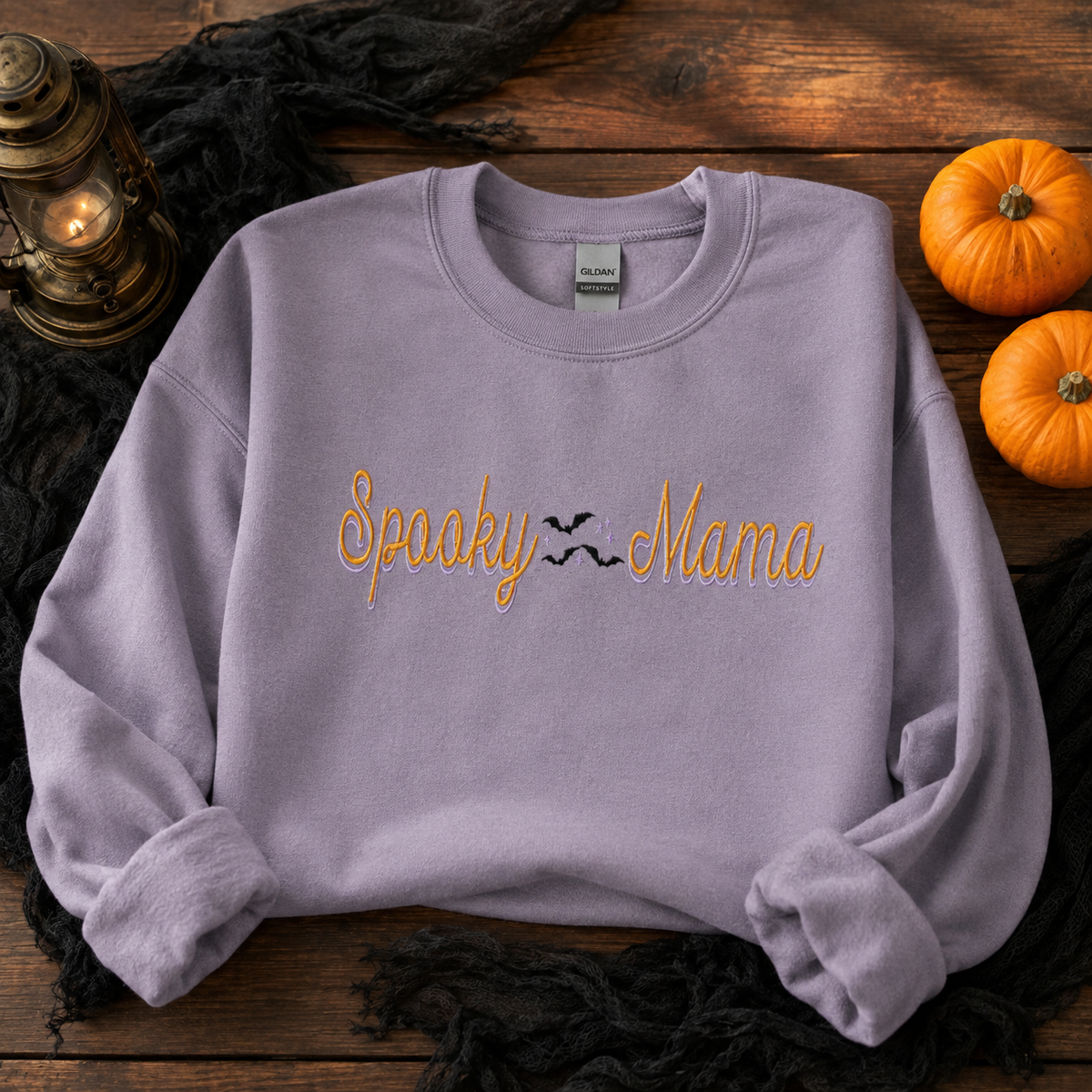 Paragon Gildan Softstyle Spooky Mama embroidered Halloween sweatshirt flat lay