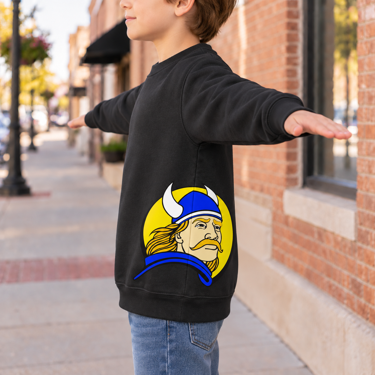 Youth Parsons Vikings black crewneck with official Viking side-seam mascot