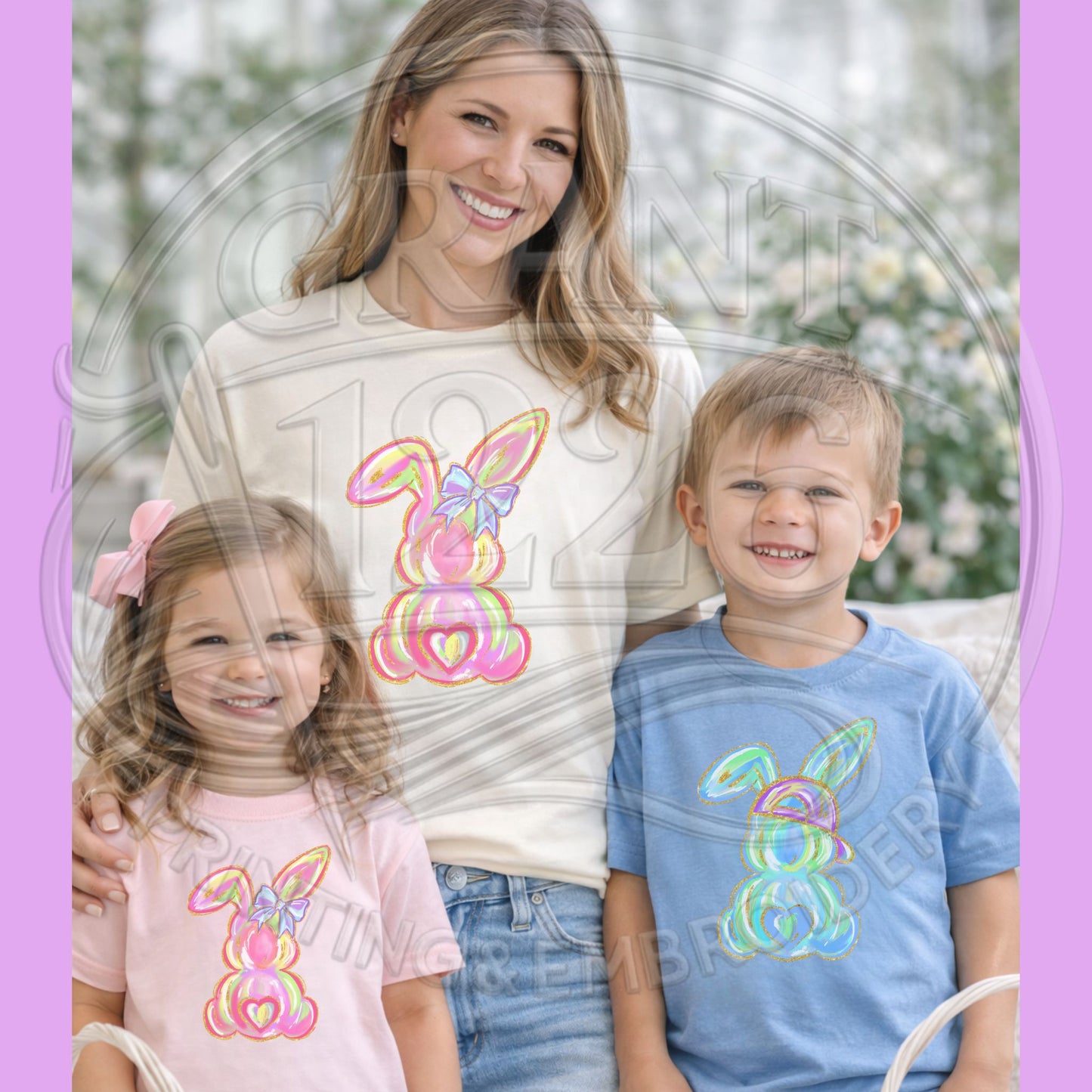 Matching mommy and me Easter bunny shirts in pastel spring colors for family photos