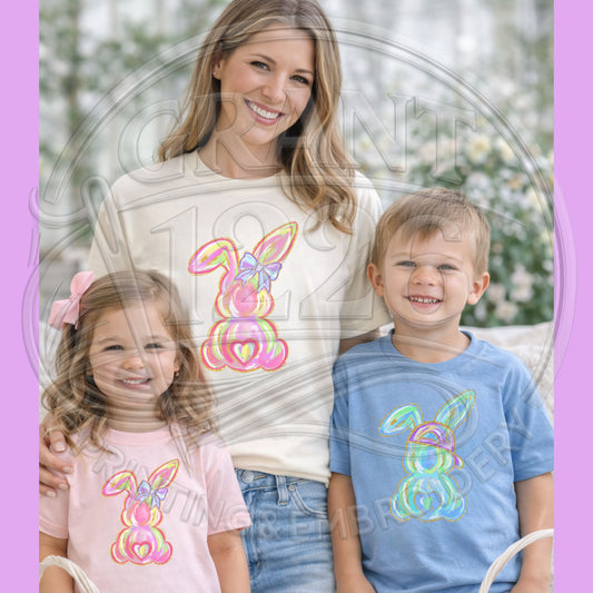 Matching mommy and me Easter bunny shirts in pastel spring colors for family photos