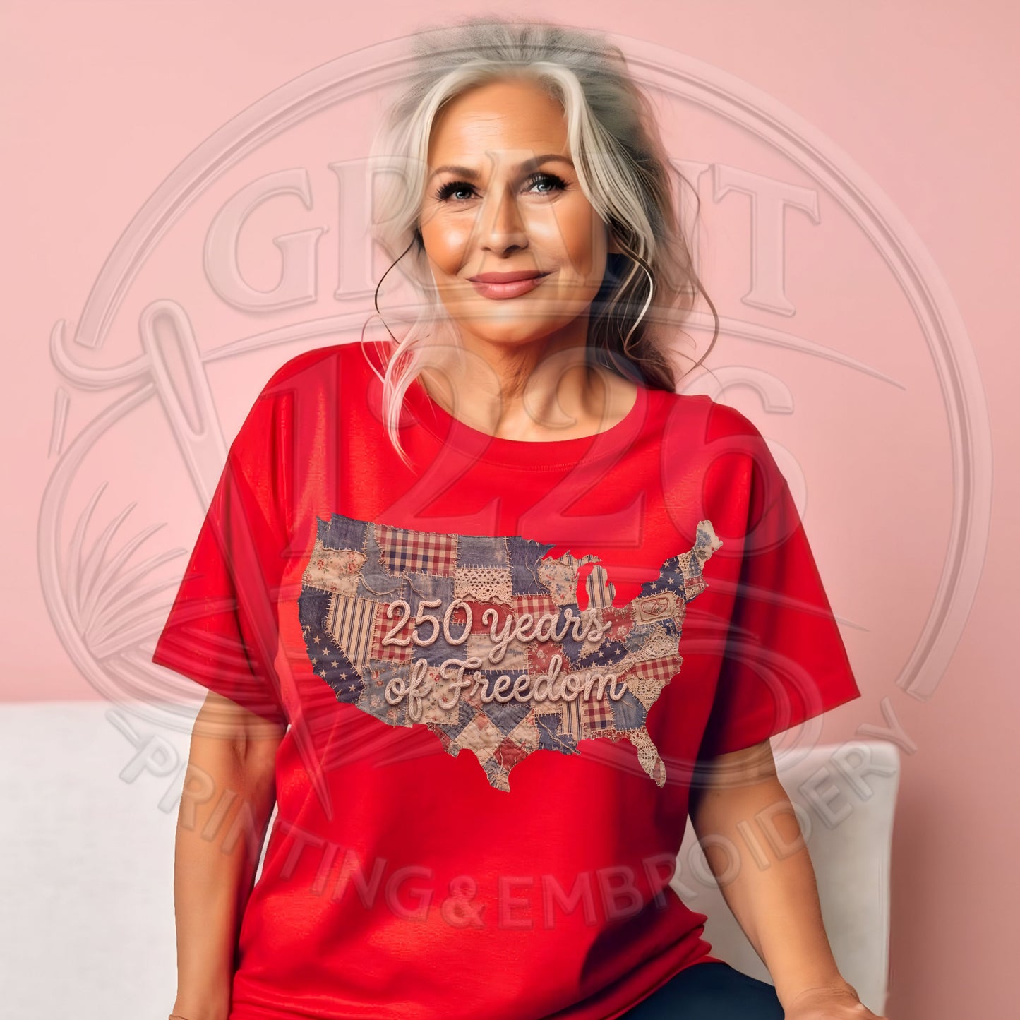 America 250 celebration shirt with patchwork USA design
