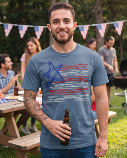 Man wearing blue embroidered American flag graphic tee at patriotic cookout