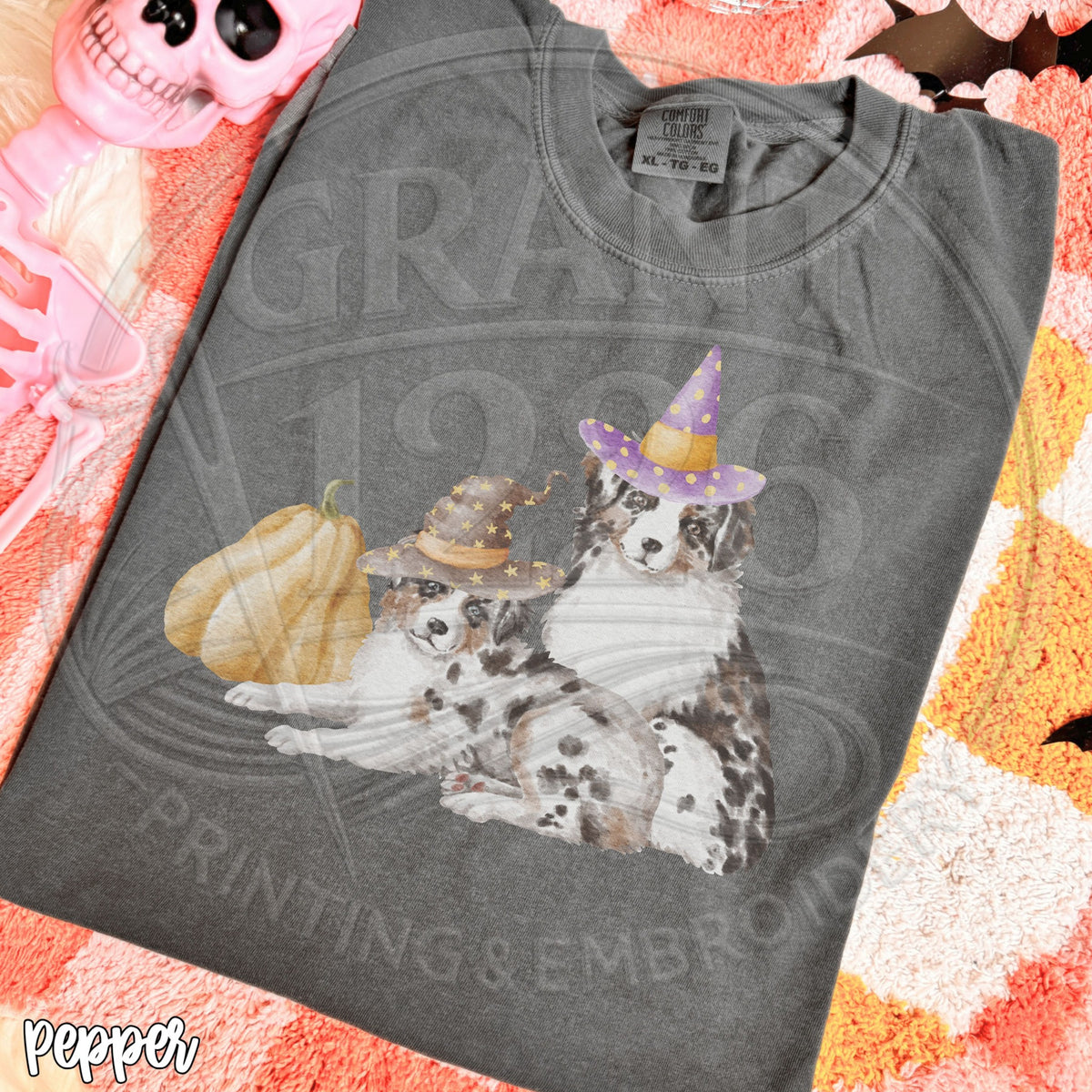 Pepper Australian Shepherd witch dog shirt DTG print close-up