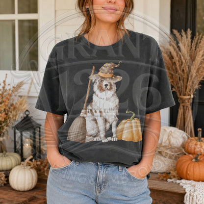 Pepper Australian Shepherd witch Halloween shirt on model