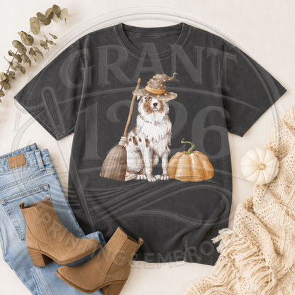 Pepper Australian Shepherd witch Halloween shirt flat lay