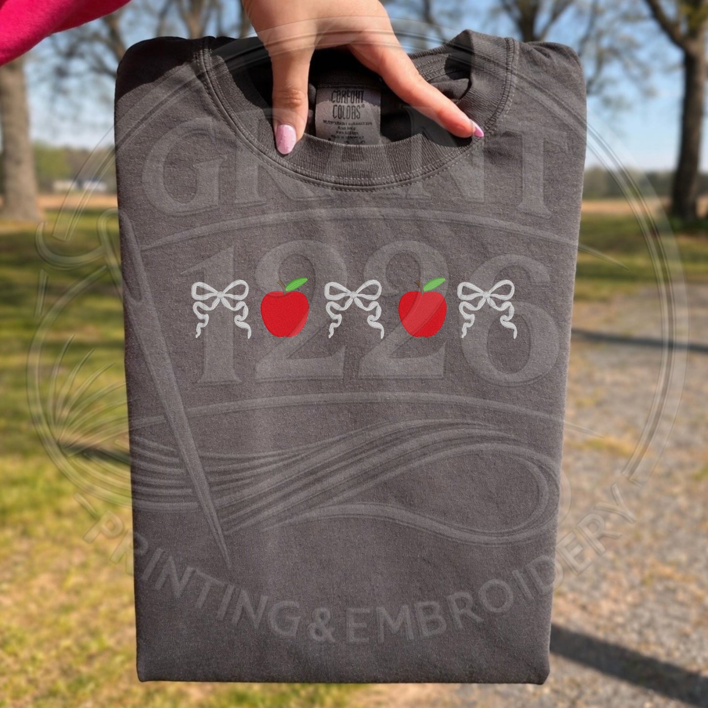 Charcoal embroidered teacher shirt with coquette bows and apples