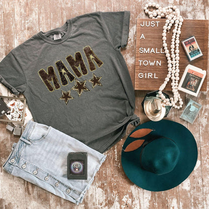 Pepper Comfort Colors MAMA leopard star DTG graphic T-shirt flat lay