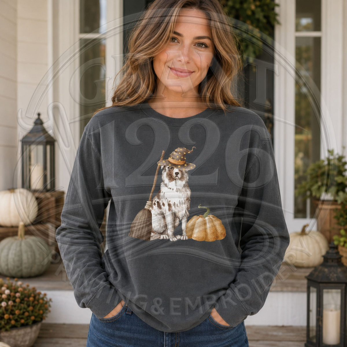 Pepper Australian Shepherd witch long-sleeve Halloween shirt on model