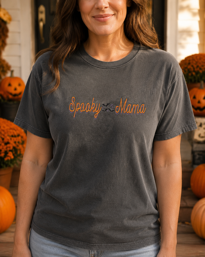 Woman wearing Pepper Comfort Colors Spooky Mama embroidered Halloween shirt