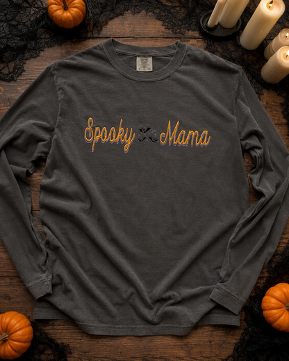 Pepper Comfort Colors long sleeve Spooky Mama embroidered Halloween shirt flat lay