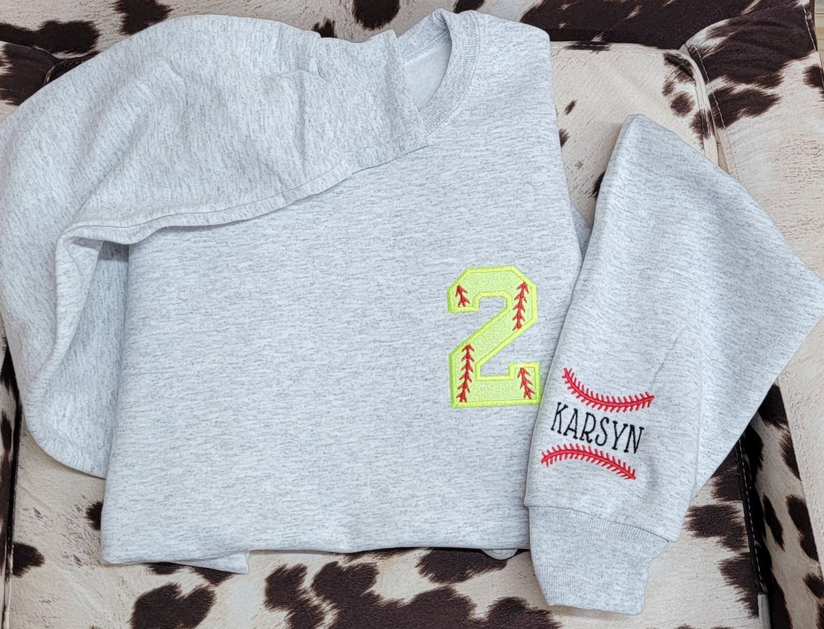 Personalized baseball or softball number appliqué sweatshirt with glitter vinyl