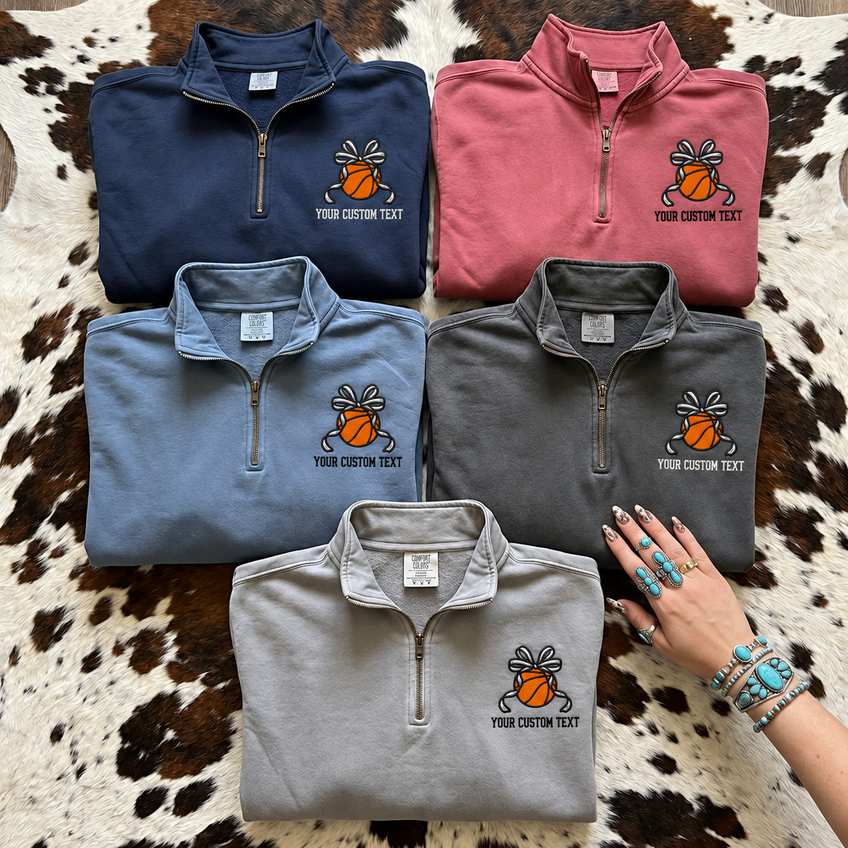 Five Comfort Colors quarter zips with personalized basketball bow embroidery in True Navy Crimson Blue Jean Pepper and Grey