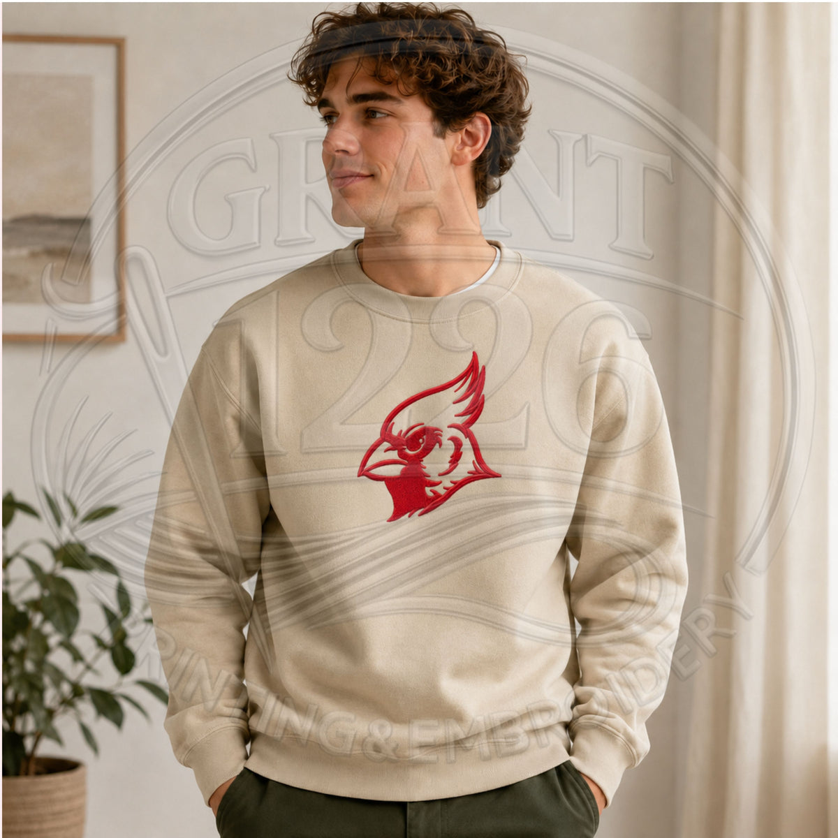 Man wearing sand embroidered Cardinal mascot crewneck sweatshirt