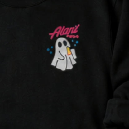 Close-up of personalized name and ghost pocket embroidery on a black sweatshirt