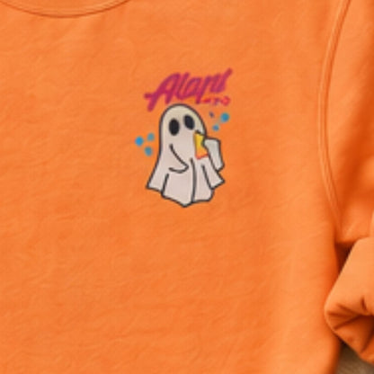 Close-up of personalized name and ghost pocket embroidery on a Tangerine sweatshirt
