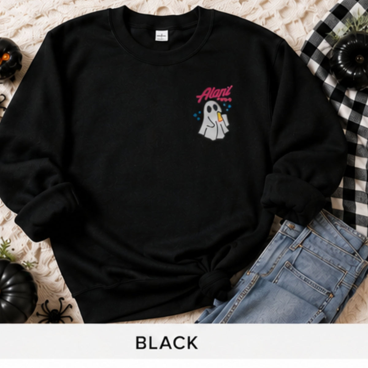 Black personalized name ghost pocket embroidered sweatshirt flat lay