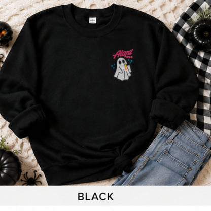 Black personalized name ghost pocket embroidered sweatshirt flat lay