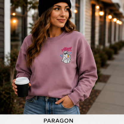 Woman wearing a Paragon purple personalized name ghost pocket sweatshirt