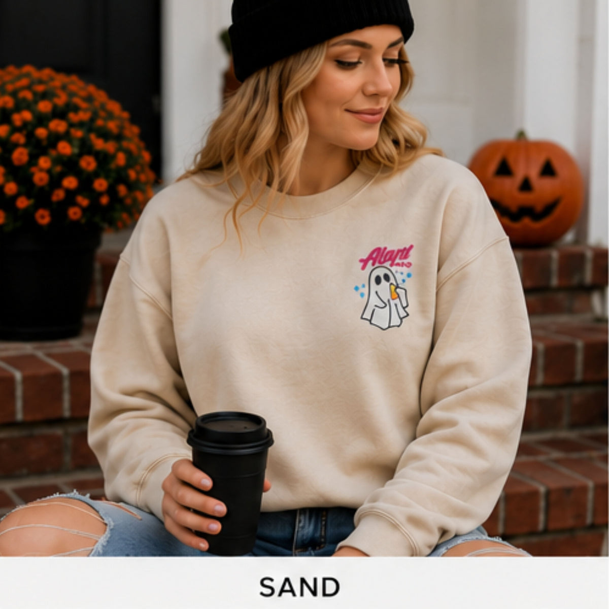 Woman wearing a Sand personalized name ghost pocket embroidered sweatshirt