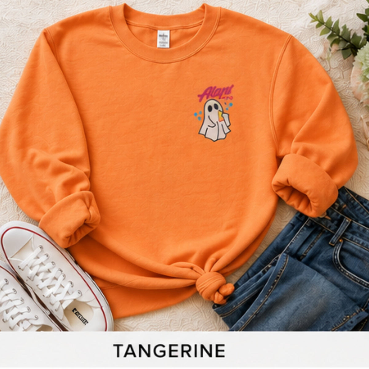 Tangerine personalized name ghost pocket embroidered sweatshirt flat lay