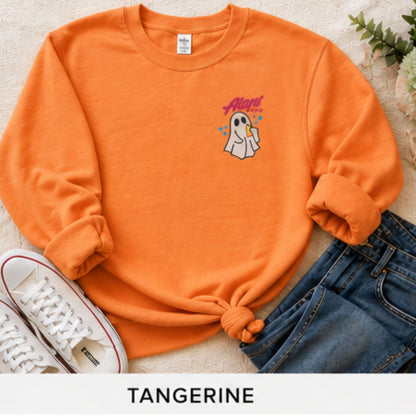 Tangerine personalized name ghost pocket embroidered sweatshirt flat lay