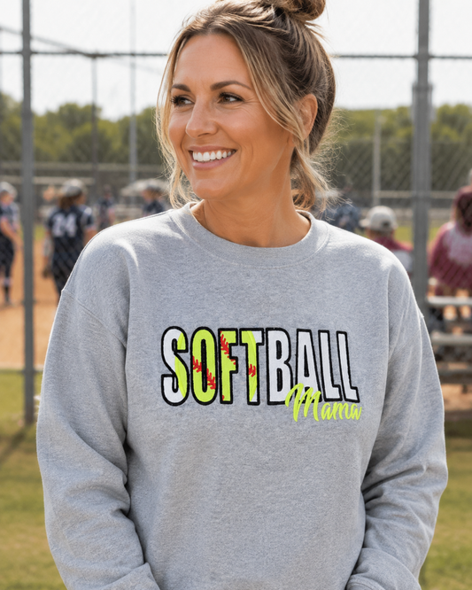 Sport Grey personalized Softball Mama appliqué sweatshirt on a softball mom at the field