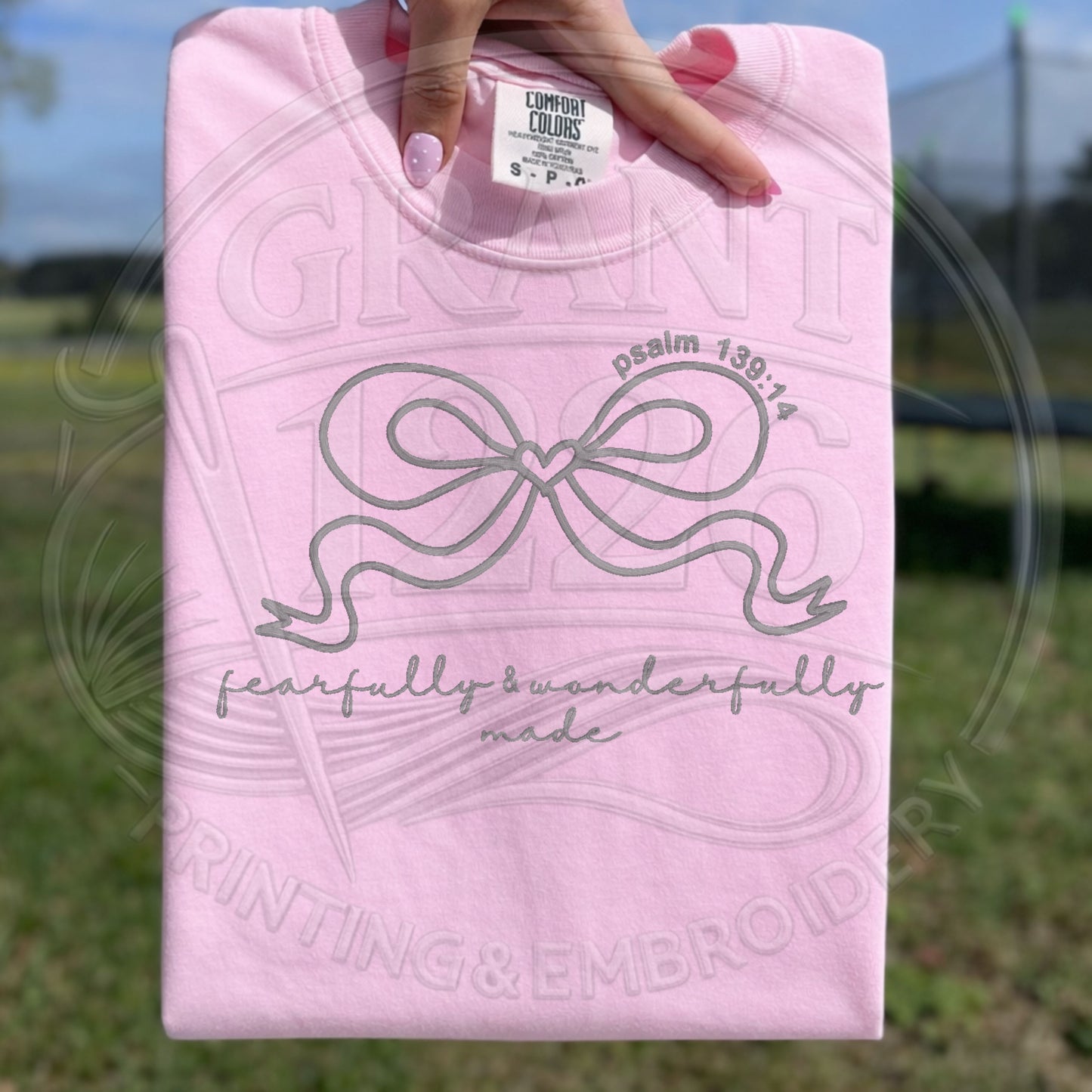 Faith inspired embroidered bow design shirt with scripture verse
