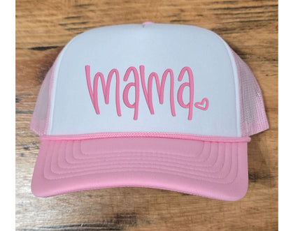 Pink Mama Heart embroidered hat with hand-lettered mom design