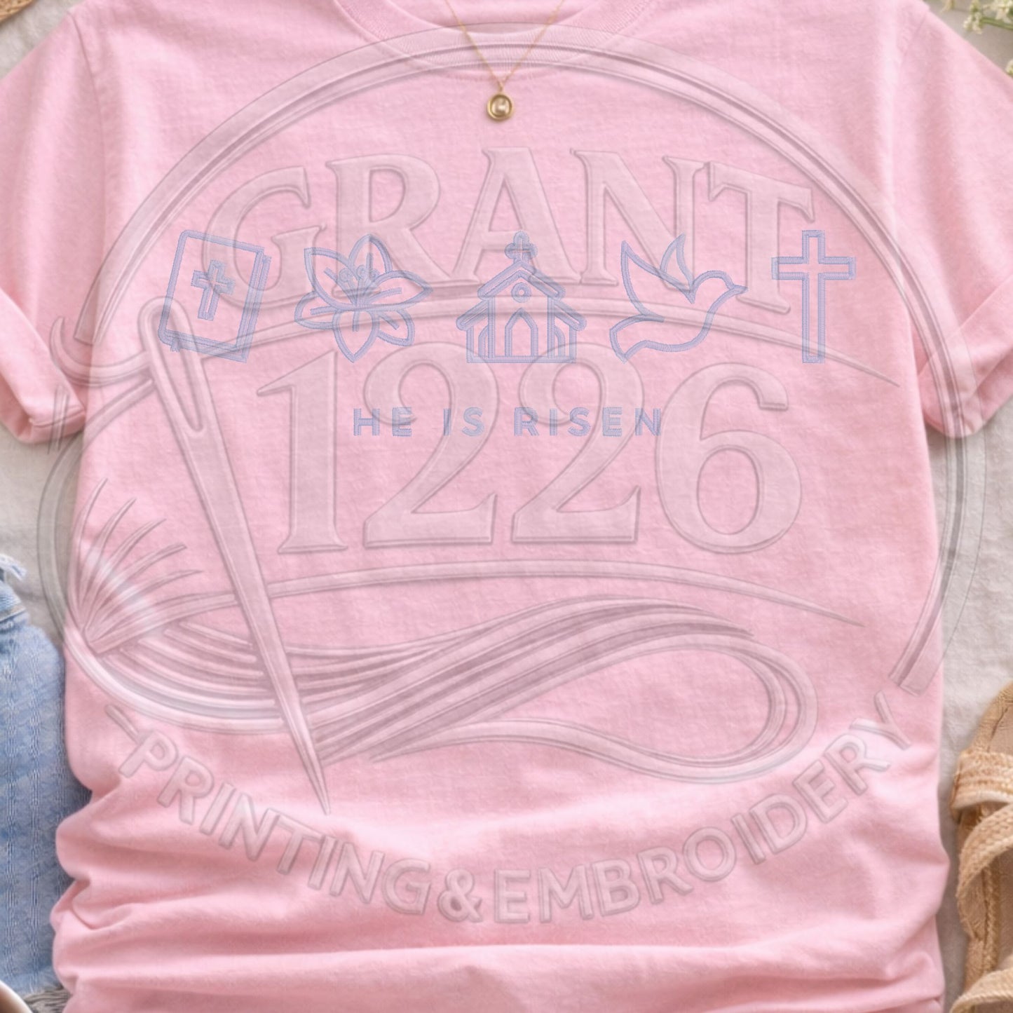Blossom pink Comfort Colors He Is Risen Easter tee with pastel Christian faith icon design