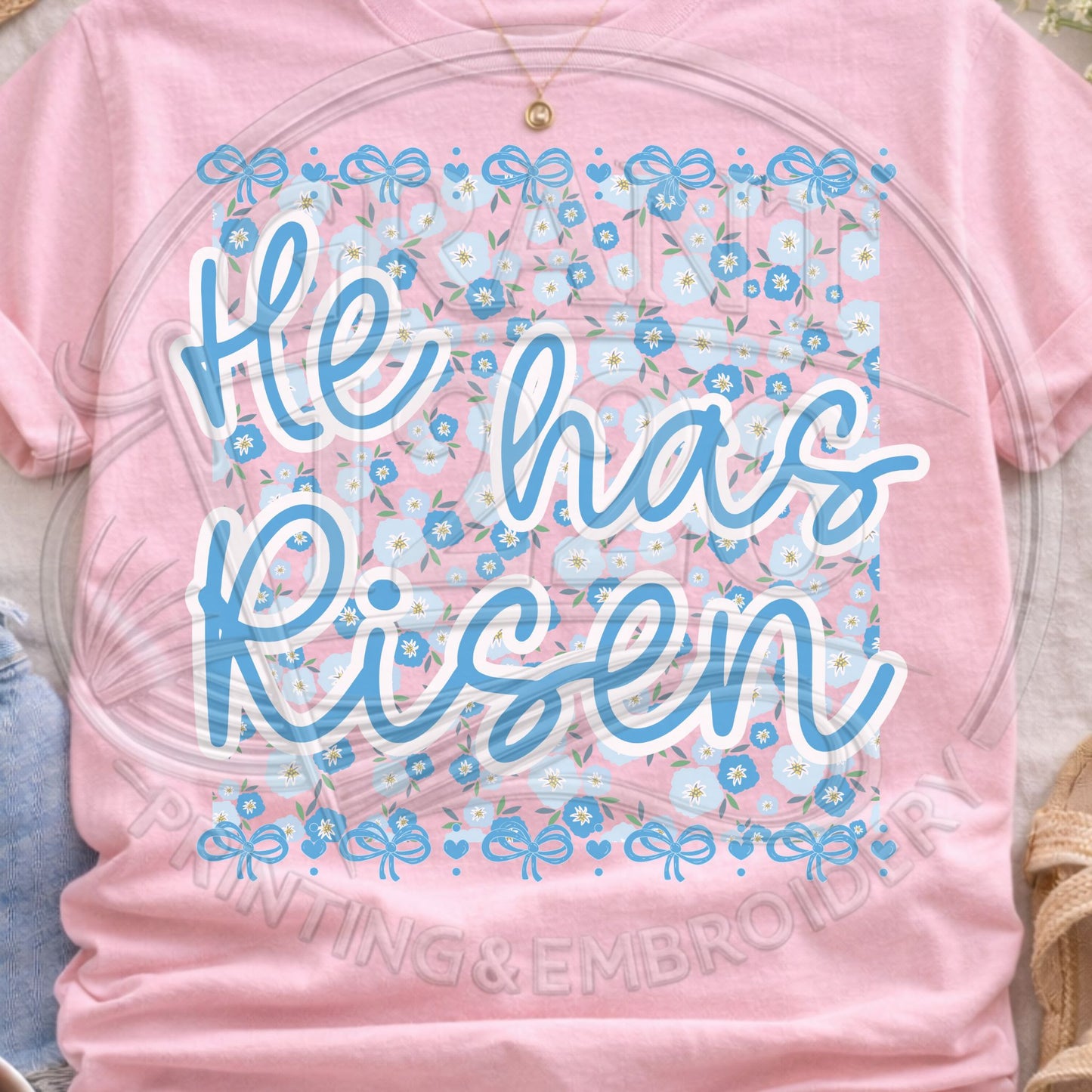 Pink pastel “He Has Risen” Christian shirt