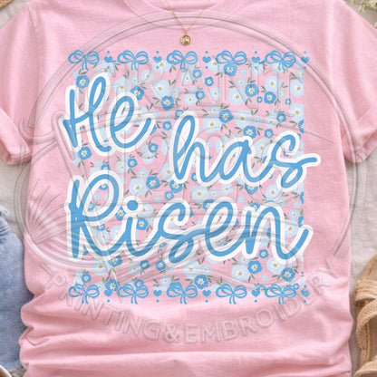 Pink pastel “He Has Risen” Christian shirt