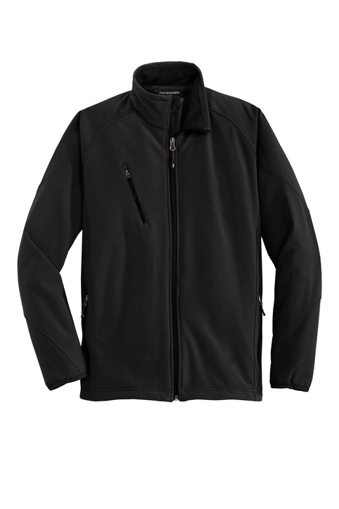 Black soft shell work jacket, front view