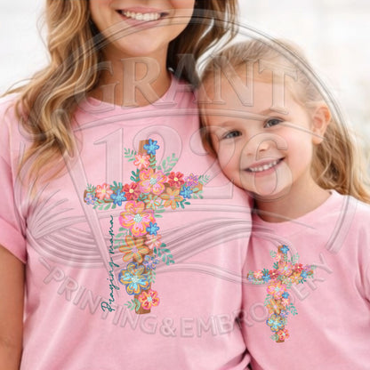 Matching Praying Mama mommy and me shirts in blossom pink